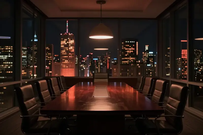 An empty corporate boardroom on a high floor at night with the city glowing through the windows