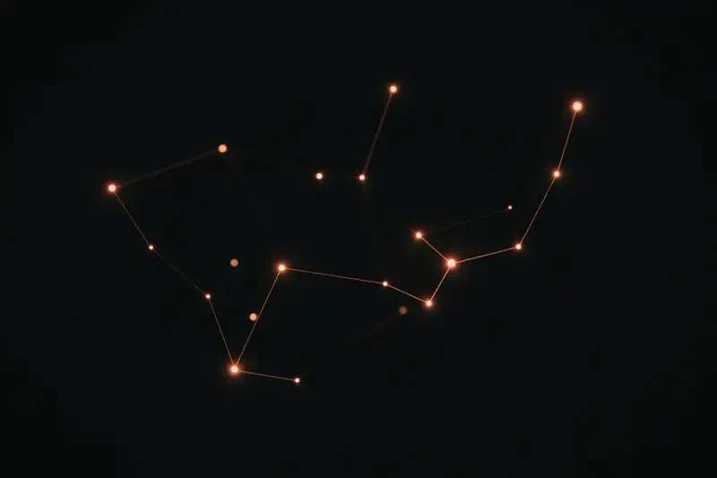 Points of warm light joined by fine threads into a constellation