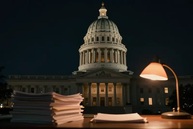 A capitol dome lit at night behind a desk stacked with documents