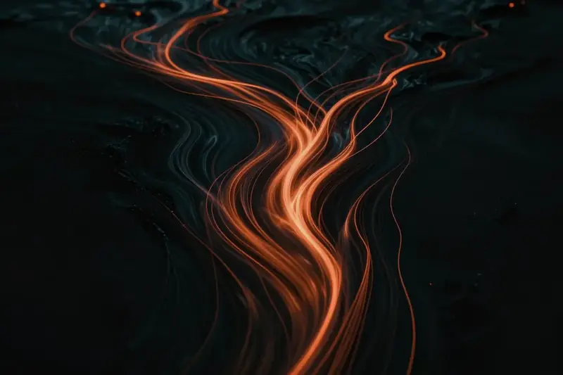 Streams of glowing amber light flowing and merging through darkness