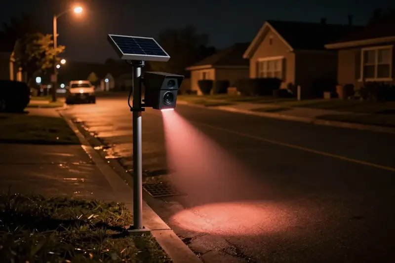 A license-plate reader camera on a pole aimed at a dark suburban street at night